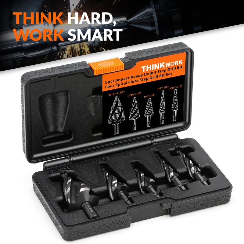 THINKWORK Four Spiral Flute Step Drill Bit Set, 5 Pcs HSS Step Drill Bits (1/8"-1-3/8") Unibit Step Drill Bit, 1/4" and 3/8" Shank Step Bits for Aluminum, Wood, Plastic, Metal 5 Piece