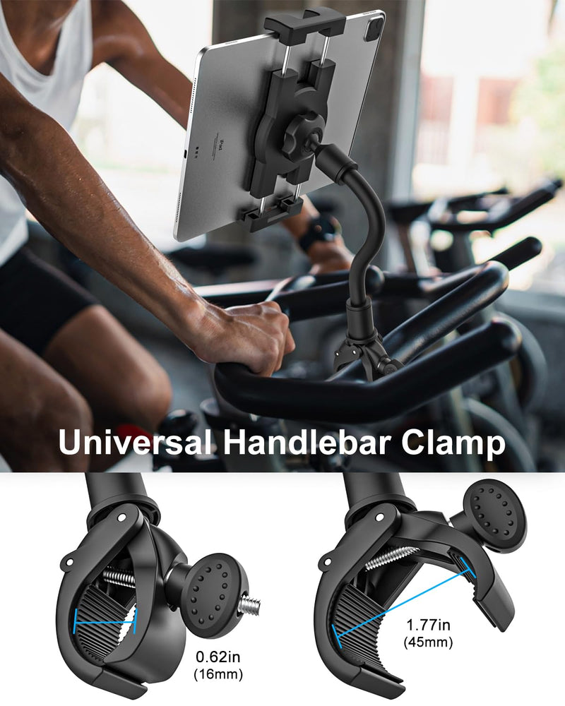 Gooseneck Spin Bike Tablet Mount, Exercise Bikes Treadmill Tablet Holder, Indoor Bicycle Elliptical Handlebar Tablet Stand for iPad Pro 12.9/ Air/Mini, Galaxy Tabs, Cell Phones, 4-13" Devices