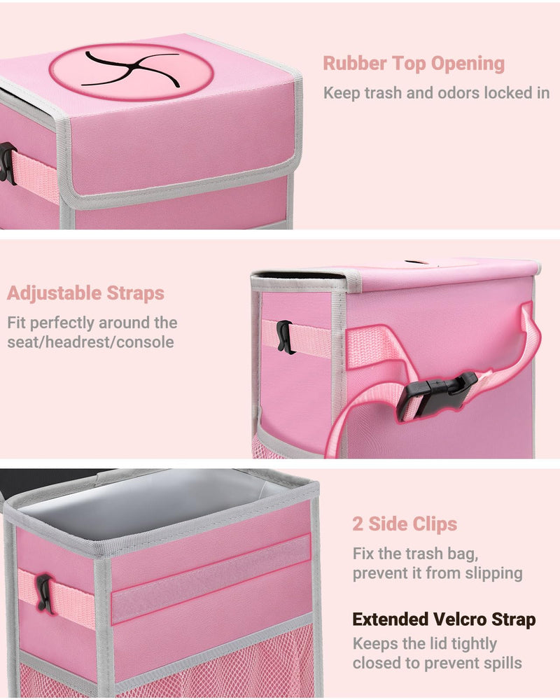 Capolo Car Trash Can with Lid, Leakproof Car Trash Bag Hanging Waterproof Automotive Garbage Can with Storage Pockets Mini Vehicle Trash Bin for Back/Front Seat(Pink,2.5 Gallon) 2.5 Gallons Pink