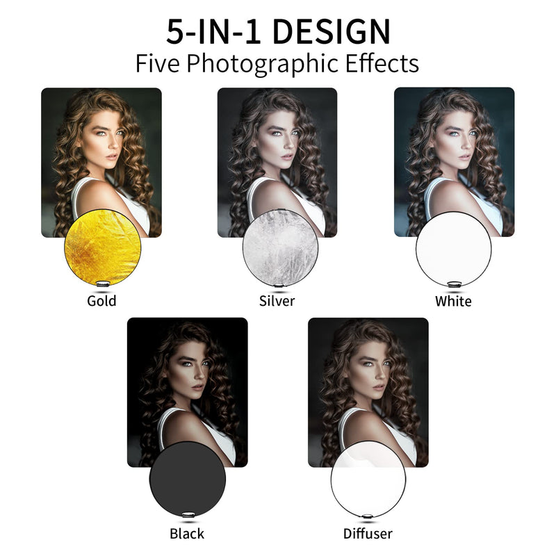 Selens 32 Inch (80cm) Reflector Photography, Collapsible Light Reflector with Carrying Case, 5 in 1 Handle Reflector for Photography Photo Studio Lighting -Translucent, Silver, Gold, White and Black