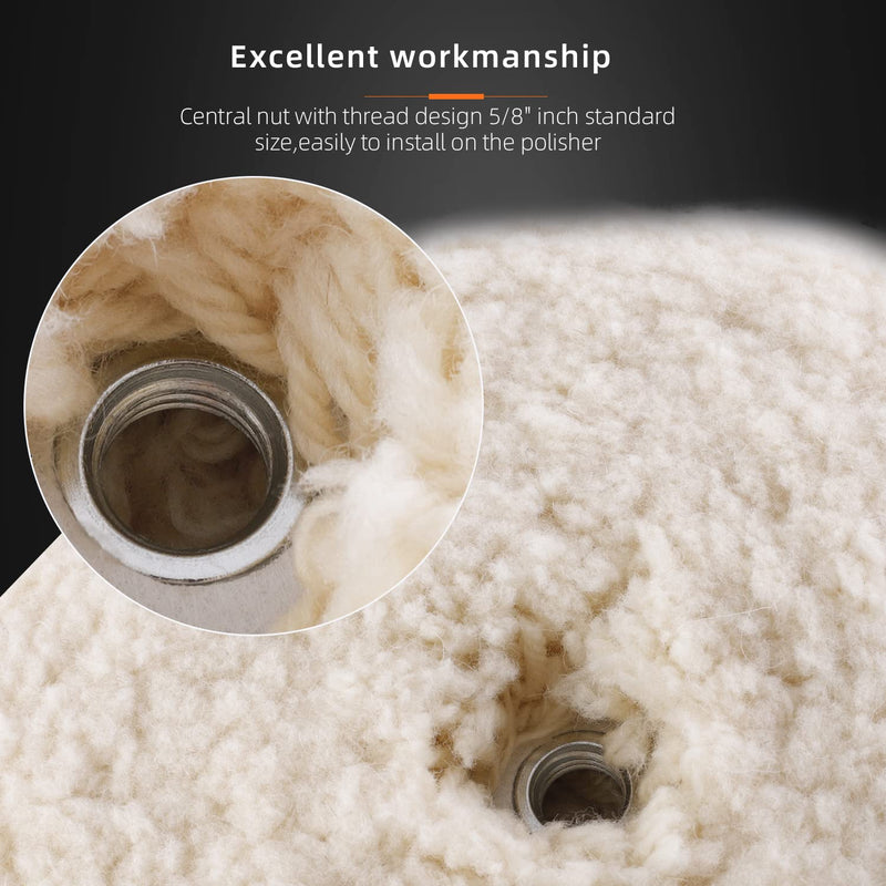 SPTA 8" (200mm) Wool Buffing Pad, Double Side 100% Natural Wool Pad with 5/8-11 Thread for 2-Sided Compound Cutting and Polishing for Automotive, Marine and Epoxies