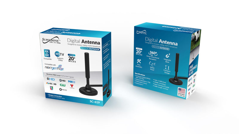 Supersonic SC-619 HDTV Digital Indoor Outdoor Antenna for All TVs for Free Local Channels, Reception Support 4K 1080P, Waterproof, Compact Design, Strong Magnetic Base,16ft Cable