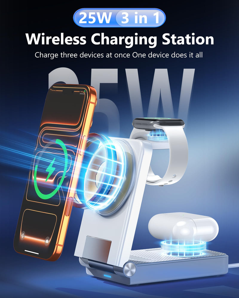 25W 3 in 1 Charging Station,Foldable MagSafe Fast Magnetic Wireless Charger | For Apple Multiple Devices, Travel Charger Stand for iPhone 17 16 15 14 13 12 Series/Watch 11-8/AirPods 4/3/2/Pro