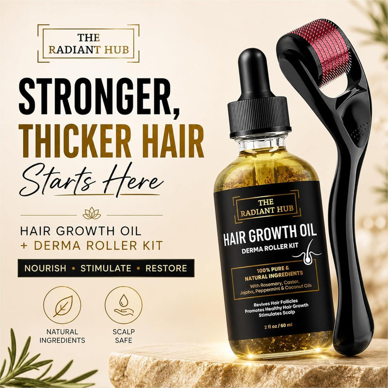 Rosemary Oil for Hair Growth & Derma Roller Kit - Castor, Jojoba, Peppermint & Coconut Oils for Thicker Stronger Hair, Stimulates Scalp & Revives Follicles - For Men & Women - 60 ml