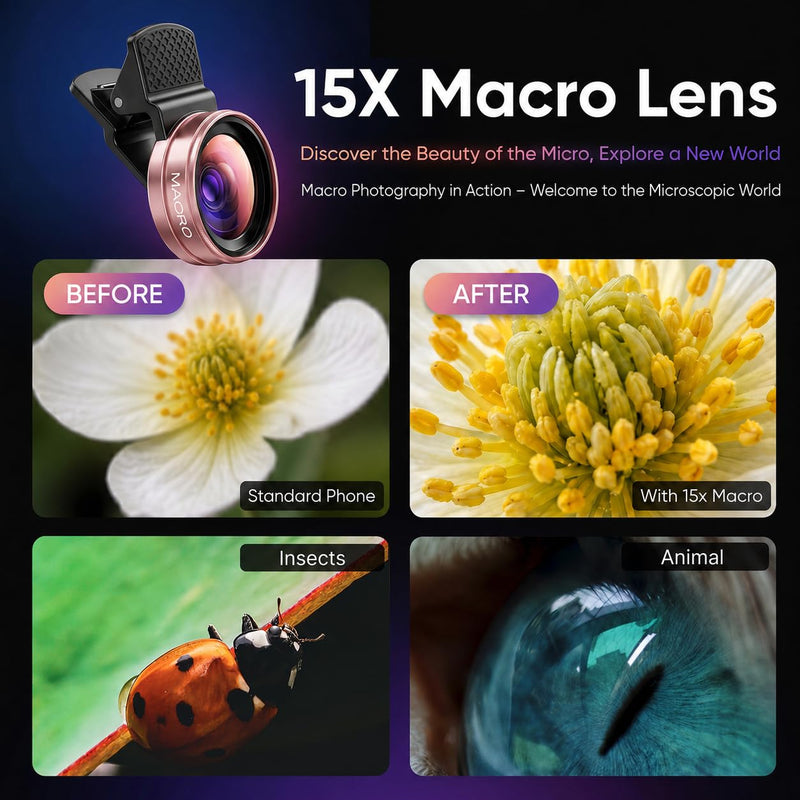 Phone Camera Lens Kit, 0.45X Super Wide Angle Lens + 15X Macro Lens 2 in 1 Professional Lens Attachment for Phone 17/16/15/14/13 Rose Gold
