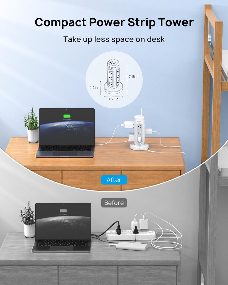 TROND Flat Plug Power Strip Tower - 5ft Retractable Extension Cord with Multiple Outlets, Surge Protector Power Strip with USB C PD 20W, 1700J Surge Protection, Office Desk Supplies, Dorm Essentials 5 FT Retractable Cord