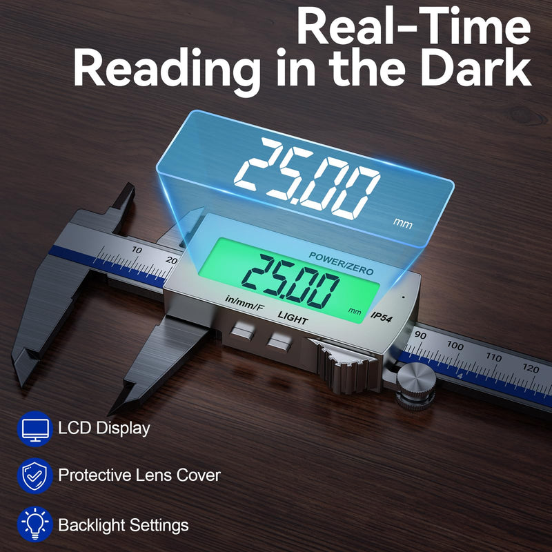 Preciva Backlight Digital Caliper, 6 Inch Rechargeable Electronic Micrometer with IP54 Waterproof and Large LCD Screen Conversions for in/MM/F Precision Measuring Tool for DIY/Professional Use