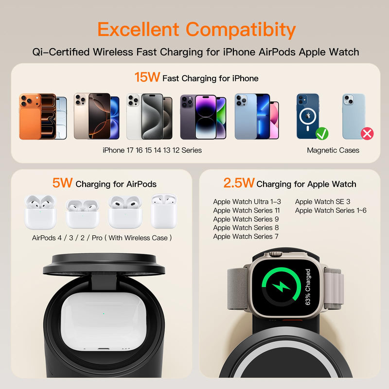 Foldable Magnetic 3 in 1 Wireless Charger Stand for iPhone Watch AirPods | A Must-have for Portable Travel,15W Magnetic Charging Station for iPhone 17 16 15 14 13 12 Series Wireless Charging Station Black