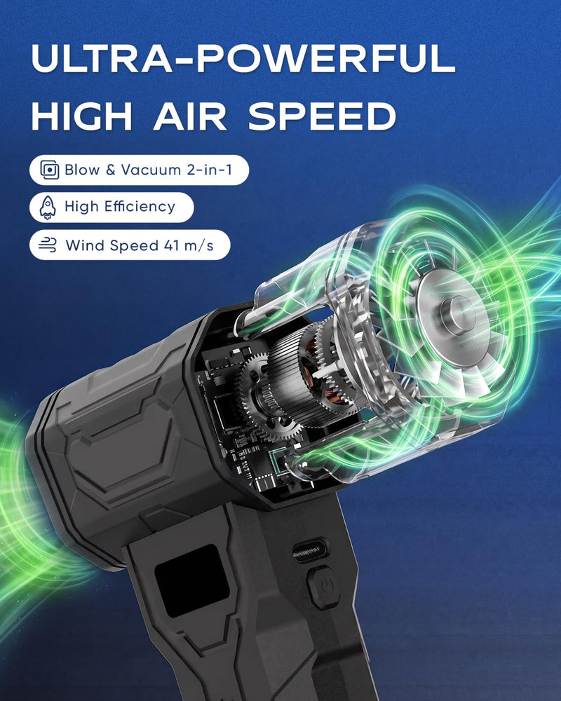 Compressed Air Duster, 2-in-1 Blow & Vacuum, 110,000 RPM Electric Air Duster with 7 Nozzles, Rechargeable Air Blower with LED Light for PC, Keyboard, Electronics, Car Cleaning, USB-C