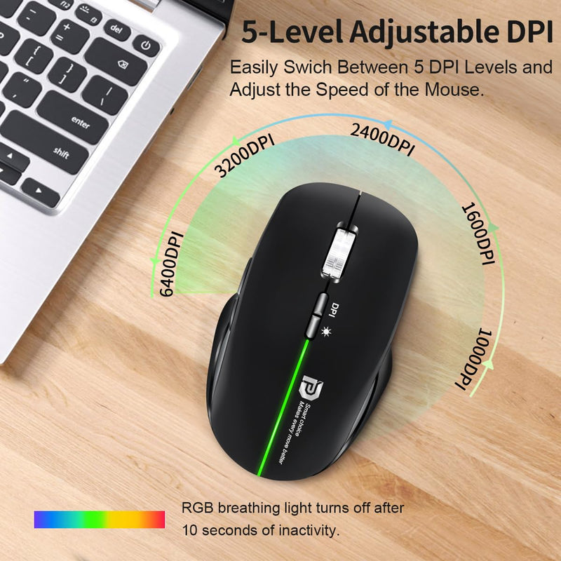 Wireless Ergonomic Mouse Bluetooth 2.4G Rechargeable | Ergonomic Grip, Silent Click, RGB Backlit, 5-Level DPI 1000-6400, USB-C Charging, Side Buttons, for PC/Laptop/Mac/iPad Black