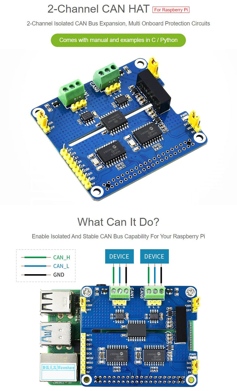 Waveshare 2-Channel Isolated CAN Bus Expansion HAT, Compatible with Raspberry Pi 5/4B/3B/Zero/Zero W/Zero 2W/Pico/Pico W/Pico WH,MCP2515 + SN65HVD230 Dual Chips Solution, Multi Protection Circuits