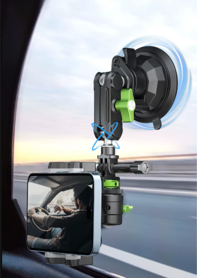 Multi-Purpose Cell Phone and Action Camera Holder for Insta360, Gopro, iPhone with Strong Suction Cup and Aluminum Alloy Double Ball arm.