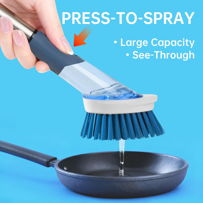 Soap Dispensing Scrub Brush - 4-in-1 Kitchen Cleaning Brush with Built-in Tank, Scraper Heads for Stubborn Grime on Pots Pans, Stand/Hang Storage-Blue 5 Blue