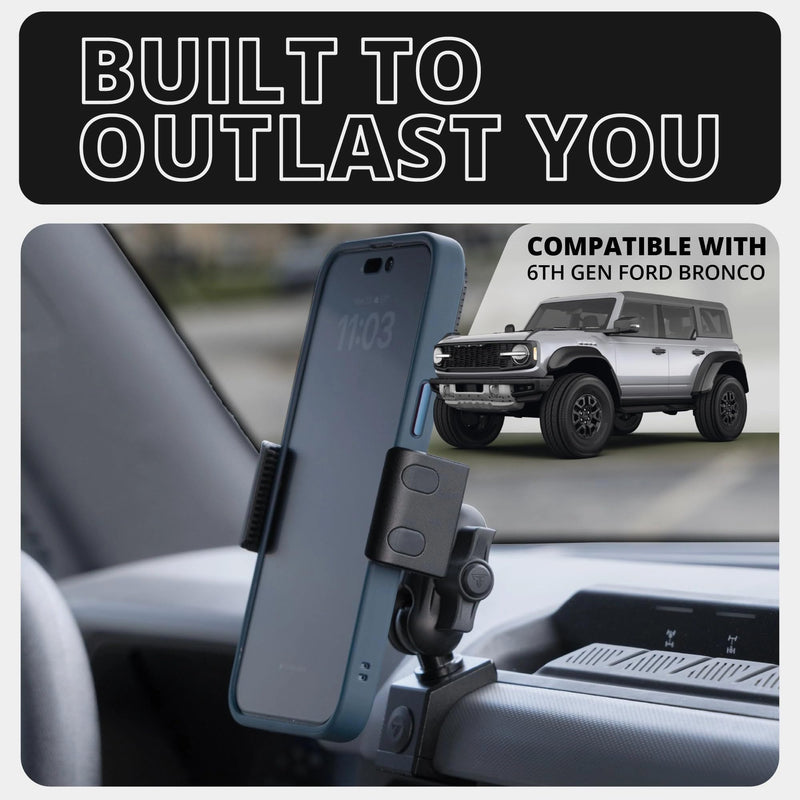 Tackform Link Phone Mount with Top Dash Clip - Compatible with 2021-2025 Ford Bronco | CNC Billet Aluminum | Zero Slip, Anti-Scratch | Universal Holder Compatible with iPhone, Galaxy, More | Black