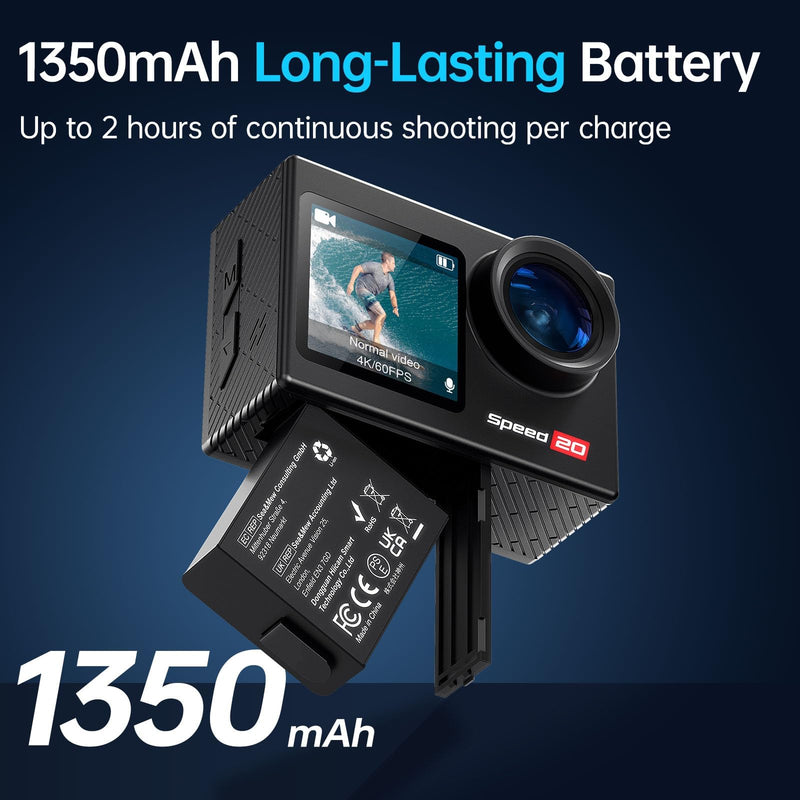 4K Action Camera 20MP Touch Screen WiFi EIS 131FT Waterproof | Dual touch screens, 170° wide-angle, 5X zoom, remote control. For snorkeling, biking, helmet. 2 rechargeable batteries.