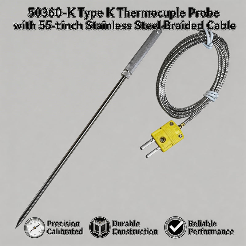 50360-K Type K Thermocouple Probe with 55-inch Stainless Steel Braided Cable. Compatible with Cooper-Atkins Type K Thermocouple Probes Temperature Range -40°F to 1100°F Suitable for ovens and Grills