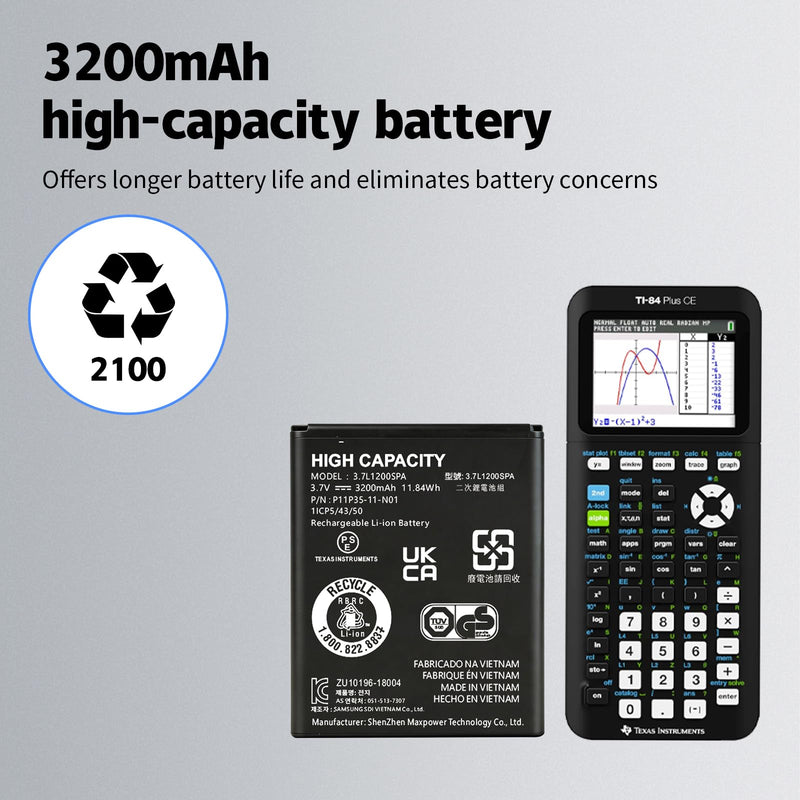 1-Pack TI-84 Plus CE Battery+Charger for Texas Instruments,𝗨𝗽𝗴𝗿𝗮𝗱𝗲𝗱 High Capacity 0 Cycle,P11P35-11-N01 Battery,Part No 3.7L1200SPB 3.7V TI-Nspire CX II TI-Nspire CX II CAS