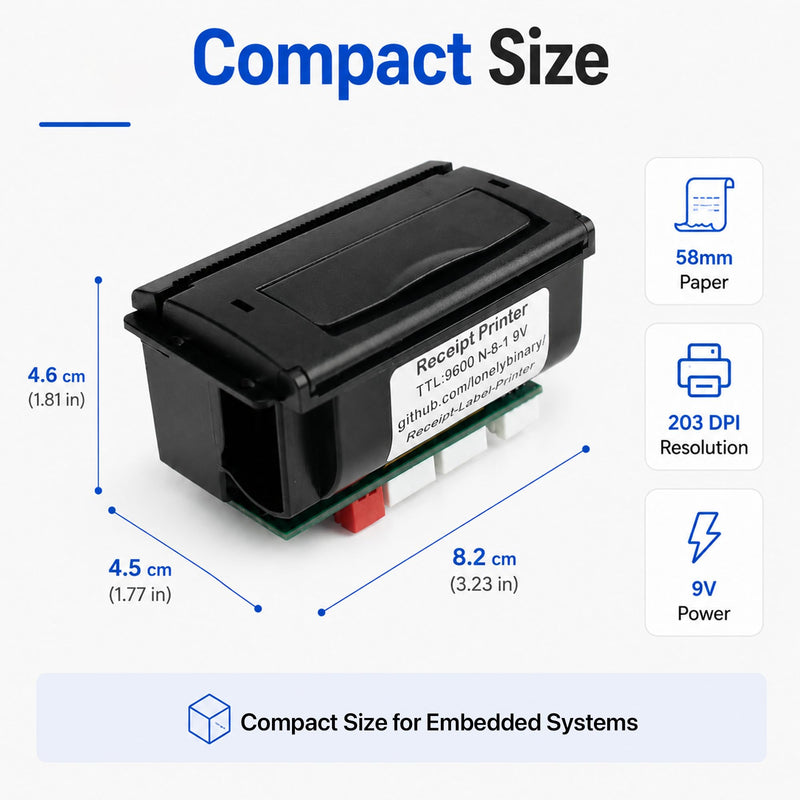 Lonely Binary 58mm Thermal Receipt Printer Kit Type-C for ESP32 & Arduino | USB-C PD 9V powered, single cable; UART TTL & RS232; 203 DPI, 48mm width; Pico, STM32; POS, IoT, taximeter, data logger