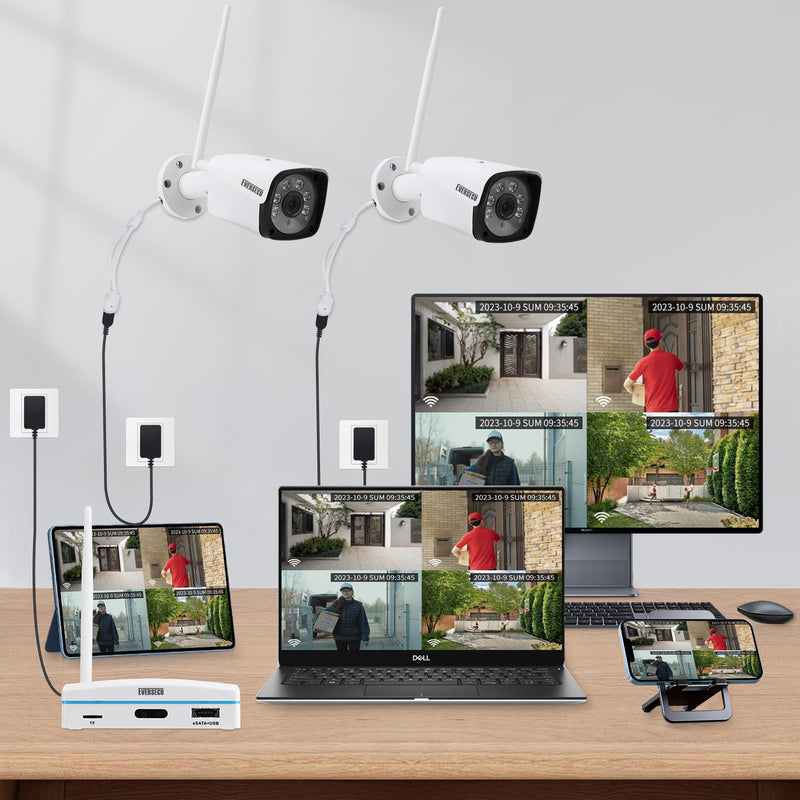 Expandable 8CH Mini NVR & Security Cameras System-2pcs 2K Outdoor Cameras & 1pcs 8CH Wifi NVR Kit, Face capture/Record&Playback, Intrusion Detection, SD Card or External HDD For Recording, Remote View