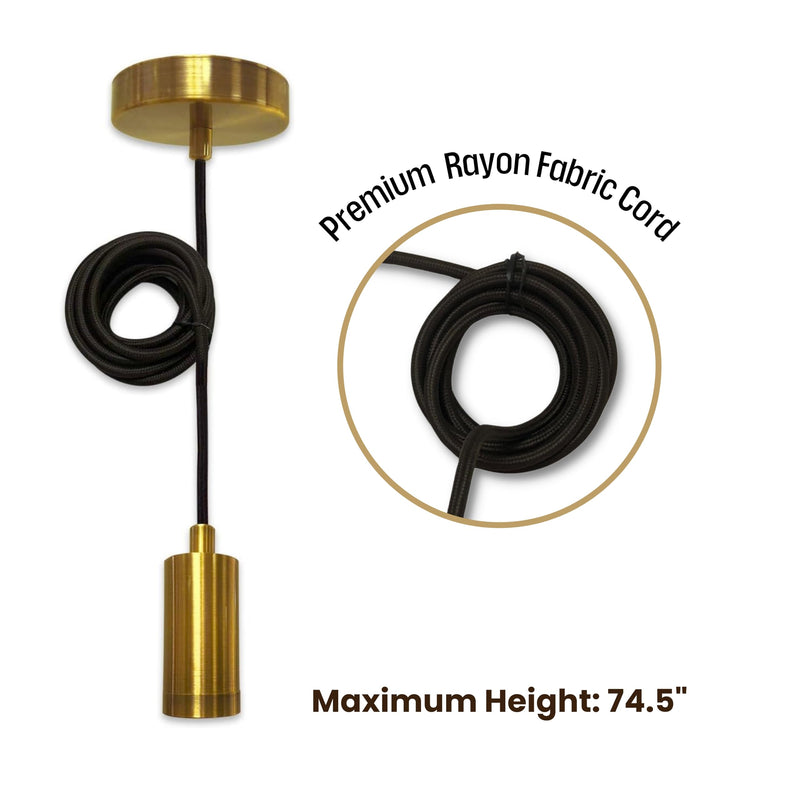 Royal Designs, Inc. Hanging Pendant Lighting Keyless Cylinder-Shaped Pendant Light Socket and Canopy, Gold Finish with Brown Rayon Fabric Cord Cyliner-Shaped / Gold Single