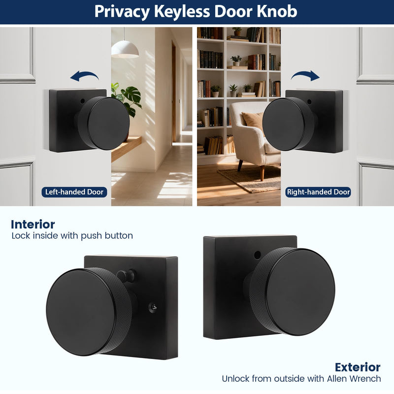 Orger Matte Black Privacy Door Knobs Interior, Zinc Alloy Keyless Black Door Knobs with Lock for Bedroom and Bathroom, Knurled Heavy Duty Square Base Modern Doorknobs, 1 Pack