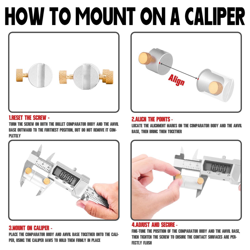 Bullet Comparator Kit, Includes 14 Inserts & 1 Comparator Body & 1 Anvil Base, Universal Fit for .17 to .45 Calibers, Precision Ammo Reloading Gauge Tool Set Seamless Caliper Connection 16pcs Bullet Comparator Kit