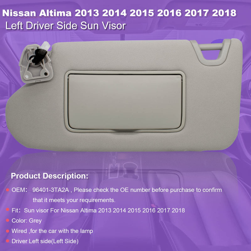 NHILES Left Driver Side Sun Visor Compatible with Nissan Altima 2013 2014 2015 2016 2017 2018 with Light, Without Sunroof 96401-3TA2A Color Gray Left Gray