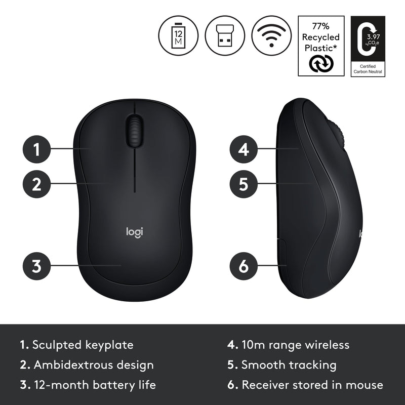 Logitech M185 Wireless Mouse, 2.4GHz with USB Mini Receiver, 12-Month Battery Life, 1000 DPI Optical Tracking, Ambidextrous, Compatible with PC, Mac, Laptop - Black USB Receiver