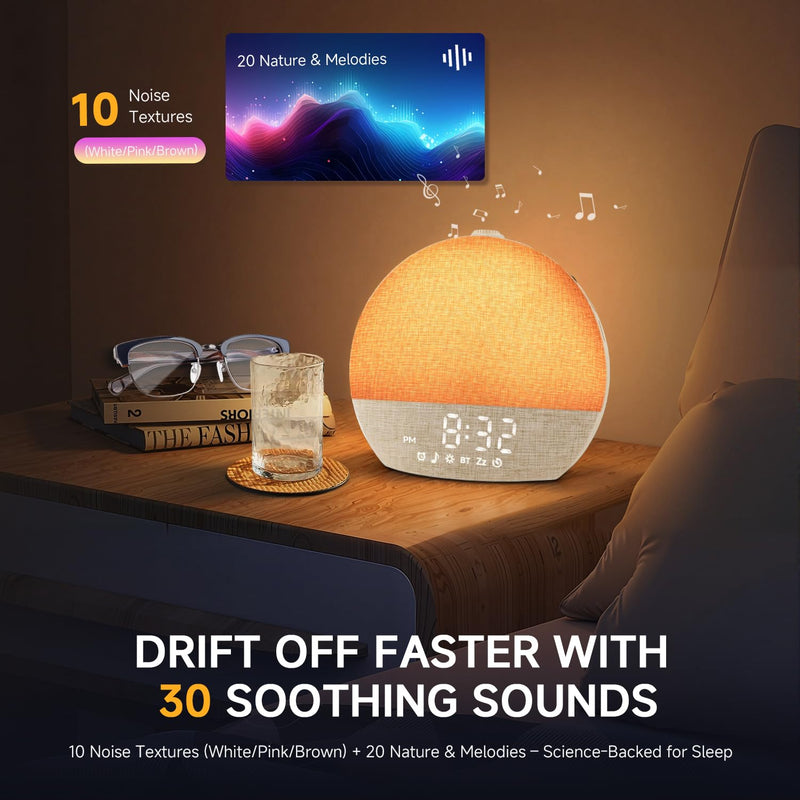 Sunrise Alarm Clock White Noise Sound Machine for Bedroom | Natural Wake-Up Light with 30 Soothing Sleep Aids, Bluetooth Speaker, Dimmable Clock, Screen-Free Design for Baby Adults Kids-Khaki Khaki