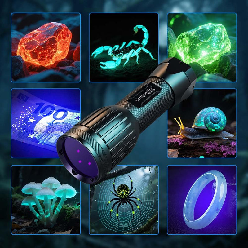 UniqueFire 1408 365nm Black Light UV Flashlight with 3 LEDs Professional UV Light,Powerful Blacklight Flashlight for Pet Urine Finding & Mineral, Antique Detection, Scorpion Search, etc Torch With T-C battery