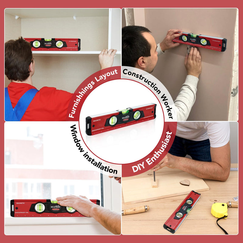 MELOTOUGH 12 Inch Torpedo Level Magnetic,Small Leveler Tool,Aluminum Level with Inch Scale,45°/90°/180°Vial Bubble Level(Red) Red