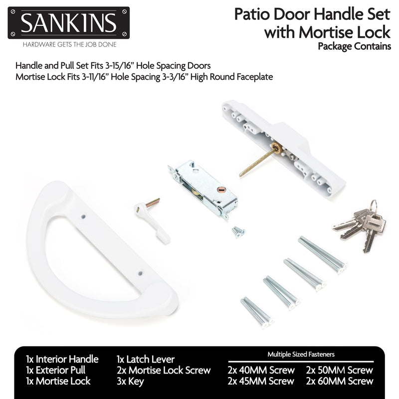 Sliding Patio Door Handle Pull Set with Key Cylinder, Replacement Sliding Door Handle with Mortise Lock for Sliding Glass Door Handle, Fits Hole Pitch Doors with 3-15/16 Inch Hole Pitch, White
