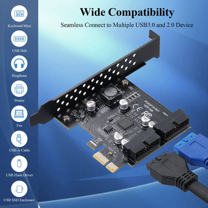 PCIE 2-Port 19Pin Expansion Card, USB 3.0 Super Speed 5Gbps PCI Express Card for Windows 11, 10, 8.1, 8, 7, XP