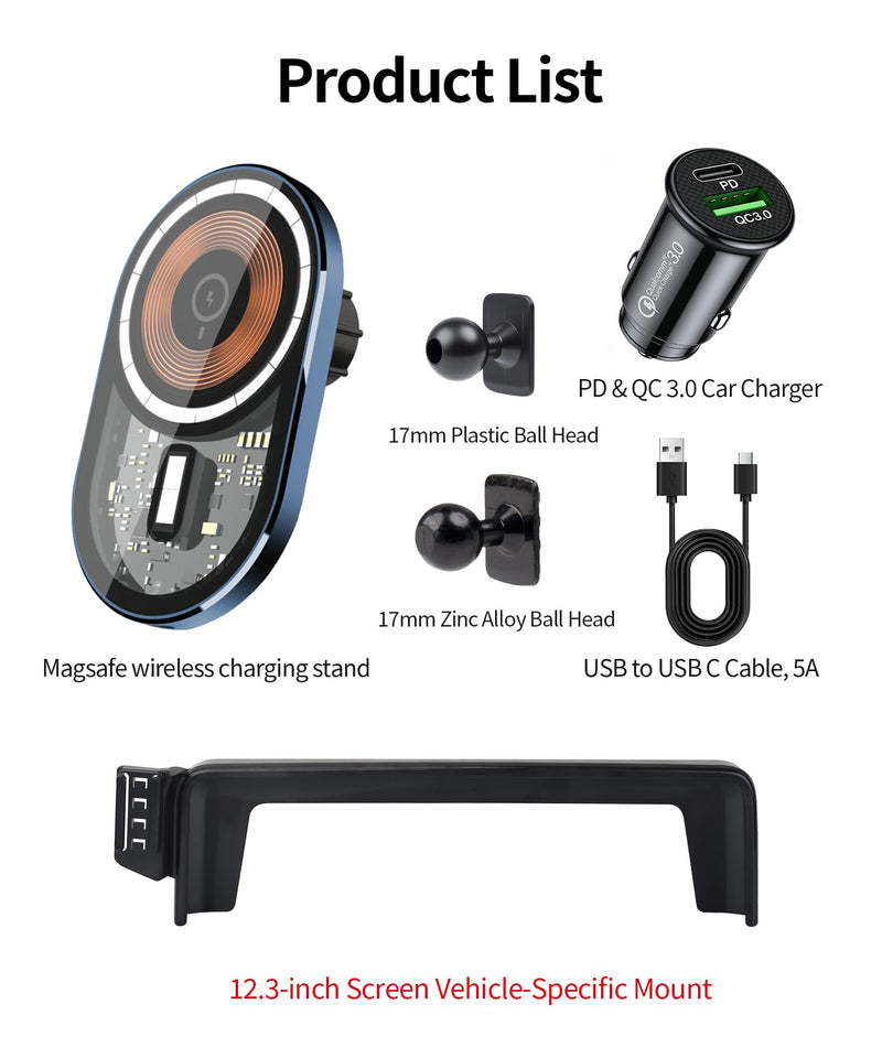 15W Wireless Charger Car Phone Holder for Lexus RX 2020-2022, 12.3" Screen | Magsafe Accessories Fast Charging Magnetic Cell Phone Holder Clip Compatible with iPhone Android, 3D Fit Vehicle Phone Stand 12.3-inch for 2020-2022 RX/RX Hybrid