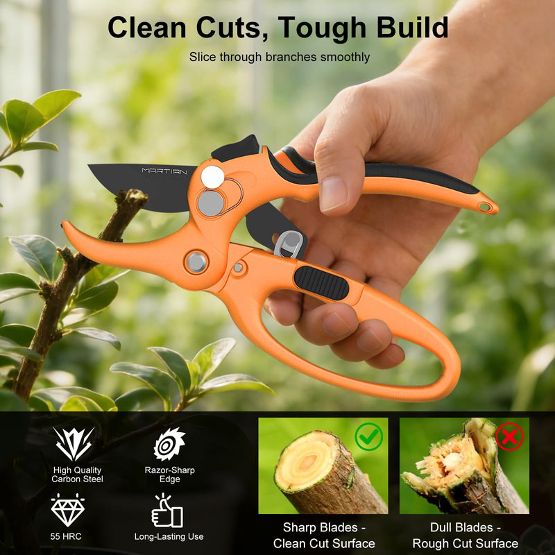 8" Handheld Pruning Shears, Heavy-Duty Stainless Steel Garden Clippers | hand pruners for gardening, anvil pruning shears, sharp kitchen scissors, garden clippers heavy duty Orange& Black 8"