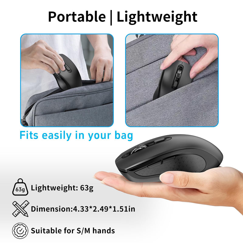 Ergonomic 6 Key Silent Side Button Wireless Mouse Black | 1000/1600/2400 DPI adjustable, anti-slip scroll wheel, USB nano receiver, compatible with Laptop, PC, Chromebook & Mac
