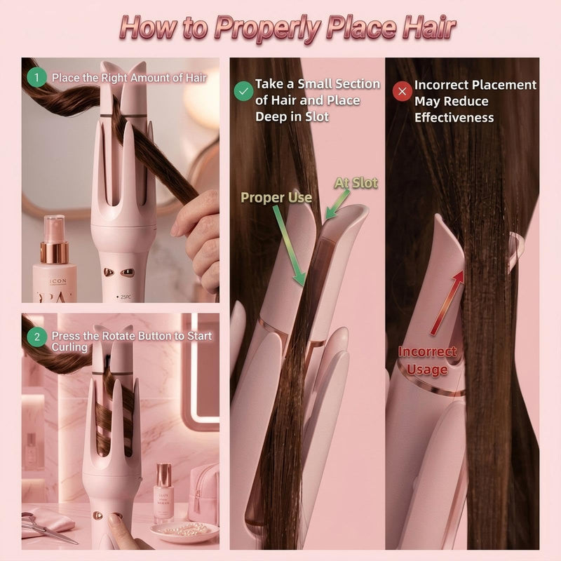 3-in-1 Hair Curler Automatic Rotating, Ceramic, ions | 32mm curls & 36mm waves, Straightener brush, Auto-rotate, tangle-free, 4 heat settings for all hair types Pink