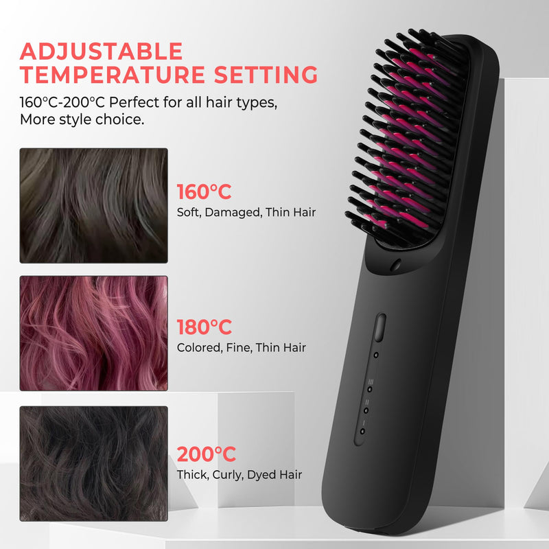 UKLISS Go Brush Pro Cordless Hair Straightener Brush, USB Straightener | Rechargeable Ceramic Styling Brush with 4 Heat Modes & LED Display, Portable for Travel & Everyday Use Black