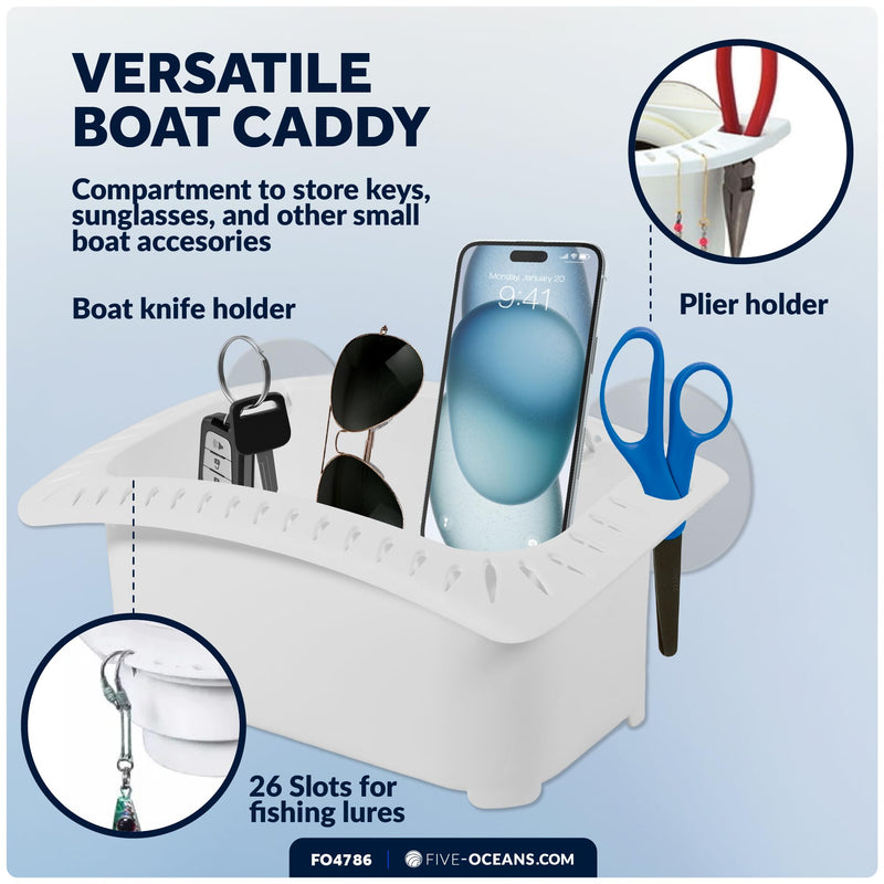 Five Oceans Boat Caddy Organizer, Suction Cups Mount, White ABS - Storage with Drainage, Knife, Plier & 26 Lure Holders for Boats, Pontoons, Fishing Boats, Kayaks - FO4786 With Lure Slots