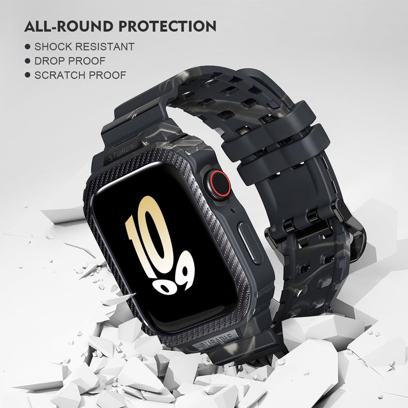 HALLEAST 3 Pack Compatible with for Apple Watch Case with Band Series 9/8/SE2/7/6/SE/5/4 (45mm/44mm), TPU Bumper Cover with Breathable Sport Strap Black+CamoBlack+CamoGreen