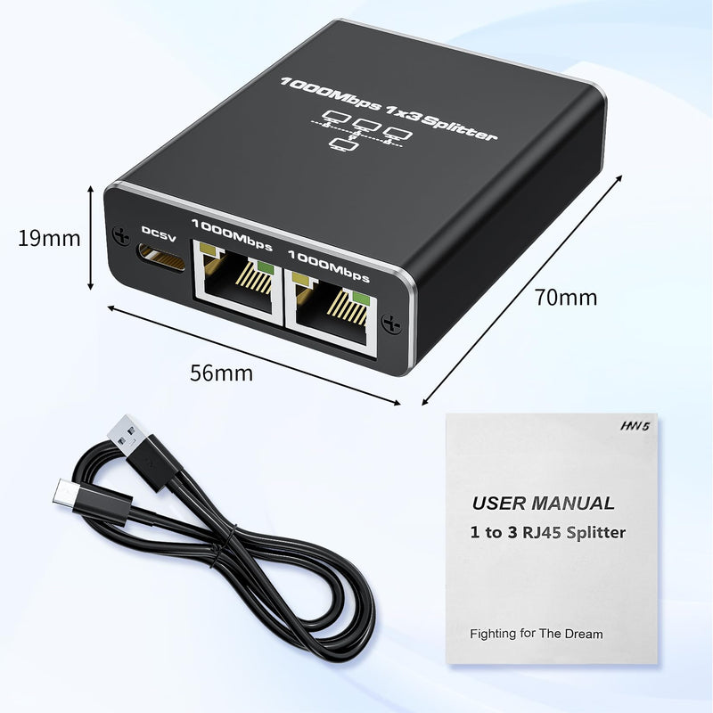 Ethernet Splitter 1 to 3, ALYYDBG 1000Mbps RJ45 Internet Splitter with USB Power Cable, LAN Splitter Using Cat5/5e/6/7/8 Cable for PC, TV, PS5, Printer etc 1000Mbps 1 to 3