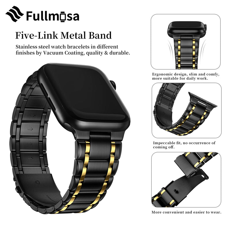 Fullmosa Compatible Metal Apple Watch Bands 41mm 40mm 38mm 49mm 45mm 44mm 42mm, Stainless Steel iWatch Band with Case for Apple Watch Series Ultra 9 8 7 6 5 4 3 2 1 SE,38mm 40mm 41mm Black and Gold 38mm/40mm/41mm