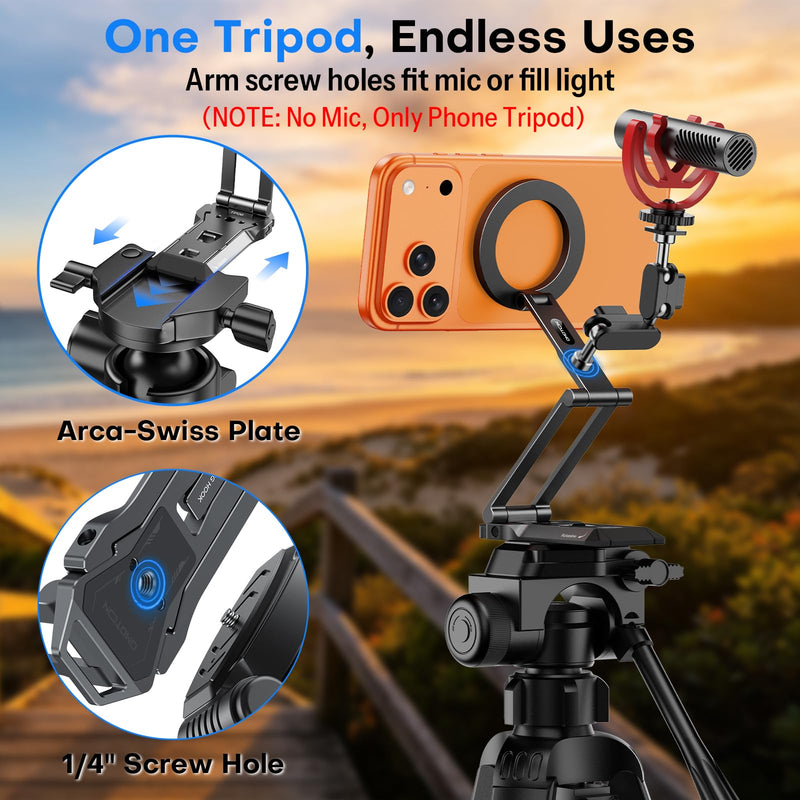 OMOTON TP06-E [3-Adjust] Sturdy Compact Magnetic Phone Tripod for iPhone 17 | Mini Phone Stand for MagSafe, Two 1/4" Screw& Arca, Fold Hook, Fits Vlog, Creators, Live, Women Men Gift, Travel Essentials 1-Black
