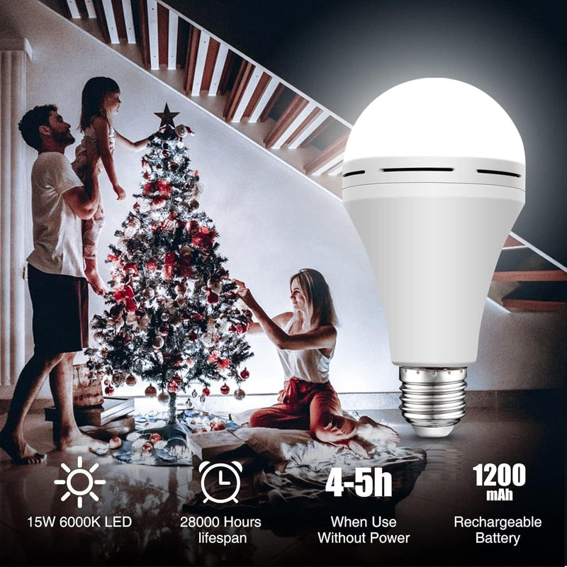 Neporal 4 Pack Emergency-Rechargeable-Light-Bulb, Stay Lights Up When Power Failure, 1500mAh 15W 80W Equivalent LED Light Bulbs for Home, Camping, Tent (E27, with Hook) (Daylight) Daylight 4 Pack 1500mAh