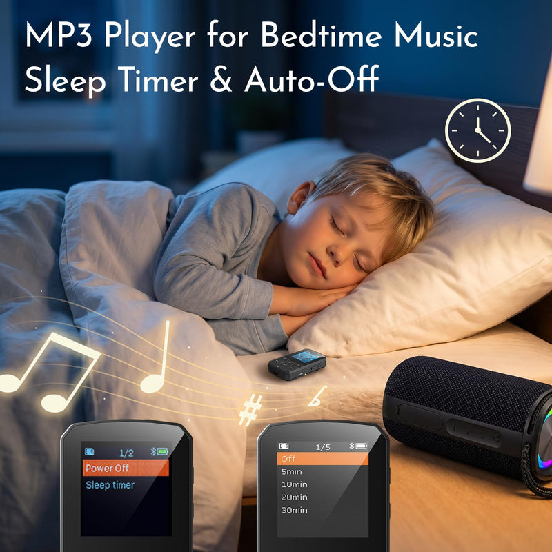 RUIZU 64GB Clip MP3 Player with Bluetooth 5.3 Auto-Reconnect, Weighs 1 oz | Portable Music Player for Sports Running, Physical Button, FM Radio, Voice Recorder, 1.5" Screen, Support 128GB microSD Card Black