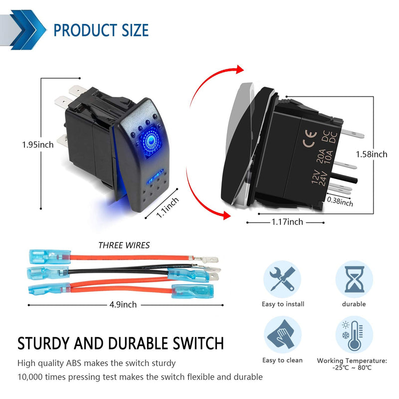 FXC Momentary (On)/Off Rocker Switch 5Pin Laser Blue LED Light 20A/12V 10A/24V Toggle Switch with Jumper Wires Set for Automotive Boat Marine Truck Jeep Off-Road Bus RV (ON)/OFF Momentary