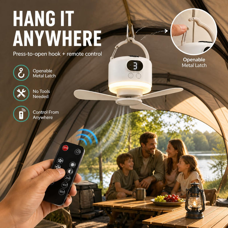 Camping Tent Fan with Light, Rechargeable Hanging Fan with Remote | 10400mAh Rechargeable Battery, USB-C Charging, 3 Speeds, Timer, LED Light, Tent, RV & Outdoor Use White