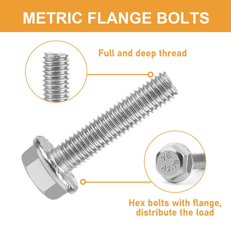 M6-1.0 x 12/16/20/25/30mm Flanged Hex Head Bolts, VIGURE 135PCS M6 Flange Hexagon Screws Serrated Flange Nuts Washers, Stainless Steel 18-8 (304), DIN 6921 M6-1.0