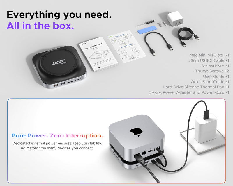 Acer Gadget Mac mini M4 Dock, 8TB M.2 NVMe/SATA SSD Enclosure & Stand, 4K@144Hz HDMI 2.1, 10Gbps USB-C & USB-A Hub, SD/TF Card Reader, 3.5mm Audio, Aluminum Docking Station for Mac mini M4 & M4 Pro Black