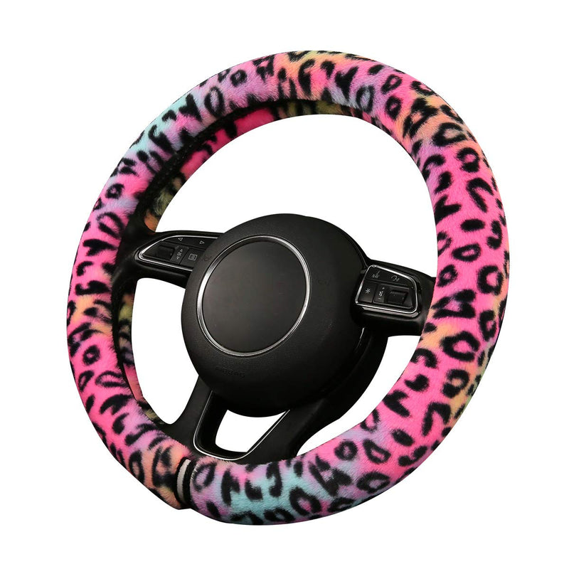 HEHA Fluffy Steering Wheel Cover for Women,Girly,Fuzzy Steering Decor,Plush, Leopard Print,Sweat-Absorb,Universal 15 Inch,Red (Fluffy-Leo) FLUFFY-LEO